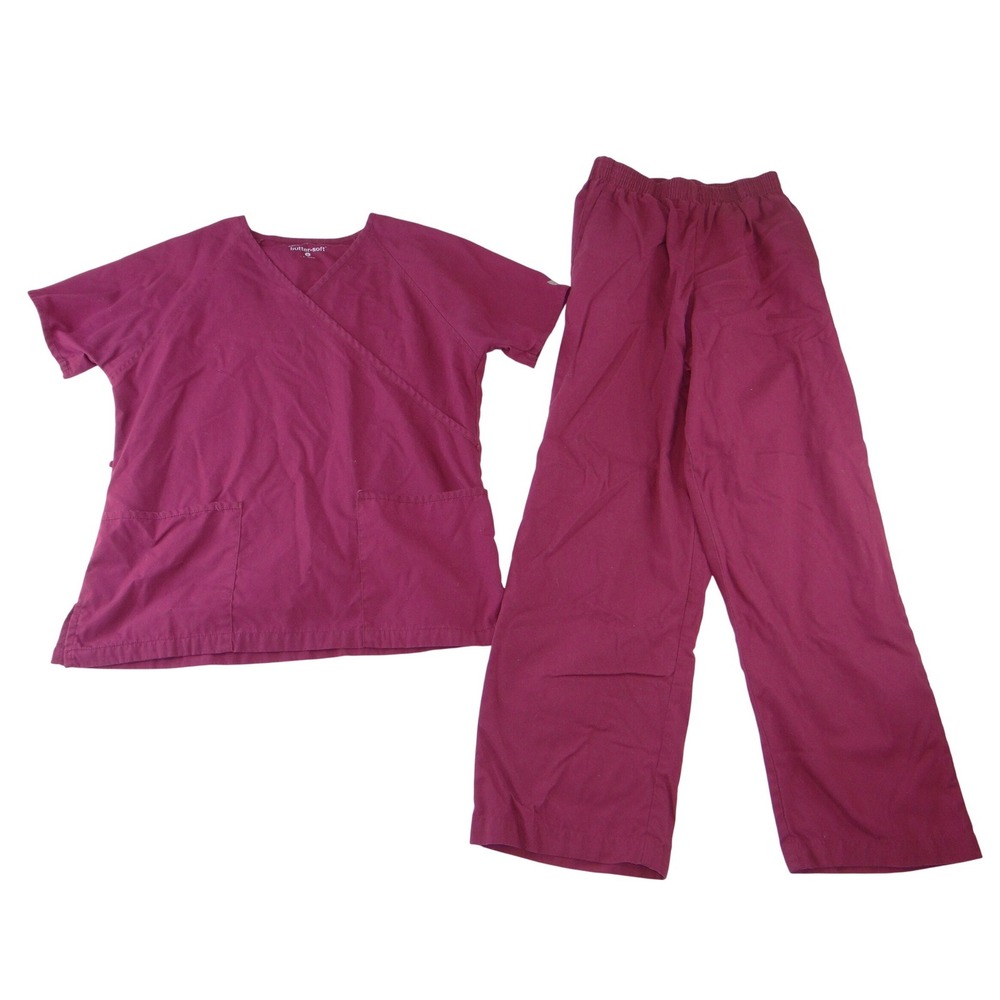 Butter-Soft‎ Womens Scrub Set Burgundy V-Neck Top Elastic Waist Pants Size Small